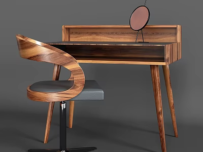 Elegant Wooden Dressing Table With Round Mirror And Curved Back Chair 3d model
