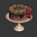 Layered Pink Cake With Flower Decorations And Chocolate Drizzle On Pink Stand