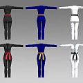 Three Colored Karate Uniforms Black Blue White With Red Yellow Black Belts
