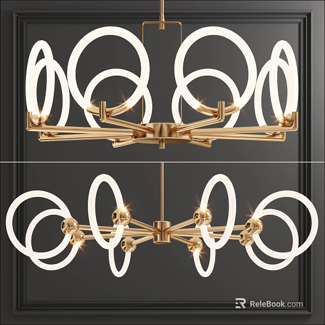 Elegant Modern Chandelier With White Circular Rings And Golden Metal Frame Lighting Design 3d model 