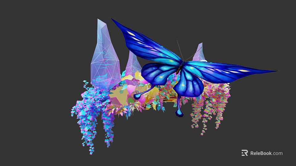 Vibrant Blue Butterfly Surrounded By Colorful Hanging Flowers And Geometric Crystals 3d model 
