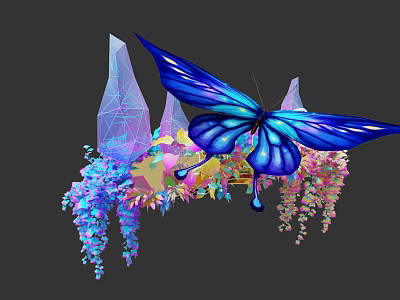 Vibrant Blue Butterfly Surrounded By Colorful Hanging Flowers And Geometric Crystals 3d model