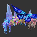 Vibrant Blue Butterfly Surrounded By Colorful Hanging Flowers And Geometric Crystals