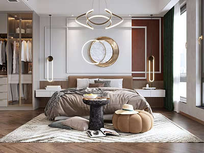Modern Bedroom Interior With Circular Decor Ring Chandelier Soft Rug And Wooden Nightstands 3d model