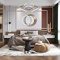 Modern Bedroom Interior With Circular Decor Ring Chandelier Soft Rug And Wooden Nightstands