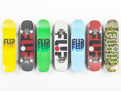 FLIP Skateboards In Various Colors With Graphic Designs Displayed In Row 3d model