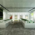 Modern Exhibition Hall With White Display Counters And Green Packaged Products On Show