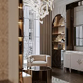 Elegant Modern Bedroom Interior With Gold Chandelier Upholstered Headboard Nightstands Sofa And Curtains