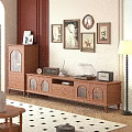 Wooden TV Stand Featuring Record Player Radio Clock and Wall Art in Cozy Vintage Room