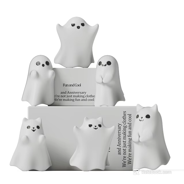 Cute White Ghost and Cat Shaped Decorative Ornament Set for Home Decoration 3d model 