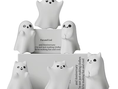 Cute White Ghost and Cat Shaped Decorative Ornament Set for Home Decoration 3d model