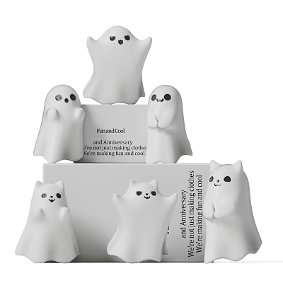 Cute White Ghost and Cat Shaped Decorative Ornament Set for Home Decoration 3d model