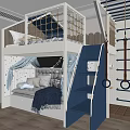 Kids Room Bunk Bed With White Frame Blue Stairs Gym Rings And Star Lights