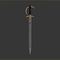 Ornate Medieval Sword With Curved Guard And Metallic Blade On Dark Background