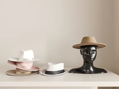 Stylish Hats White Pink Beige Stacked On White Shelf And Displayed On Black Mannequin Head 3d model
