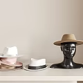 Stylish Hats White Pink Beige Stacked On White Shelf And Displayed On Black Mannequin Head