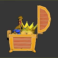 Open Golden Storage Chest Containing Gold Coins Blue Gems Red Handled Sword And Crown
