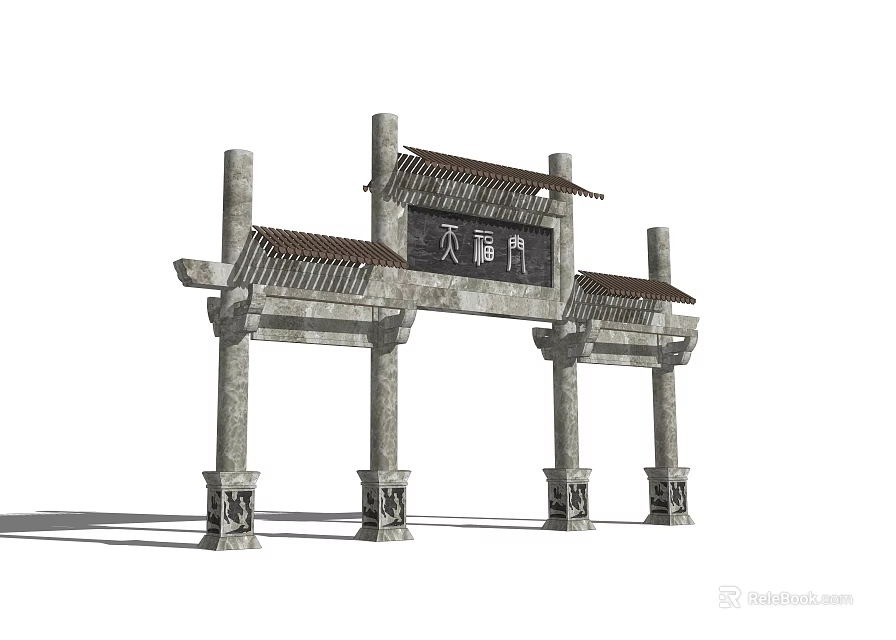 Chinese Traditional Memorial Archway with Stone Pillars Carved Decorations and Inscribed Plaque 3d model 
