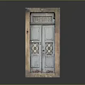 Vintage Double Door With Weathered Gray Surface And Intricate Diamond Pattern On Stone Frame