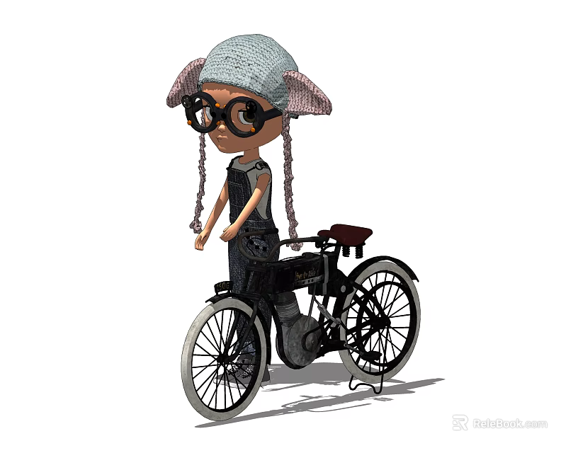 Adorable Doll With Knitted Hat Glasses And Braids Riding Vintage Bicycle 3d model 