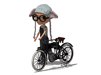 Adorable Doll With Knitted Hat Glasses And Braids Riding Vintage Bicycle 3d model