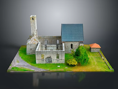 Ancient Stone Building Model With Church Tower Blue And Small Orange Roofs Green Grass Trees 3d model