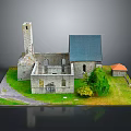 Ancient Stone Building Model With Church Tower Blue And Small Orange Roofs Green Grass Trees