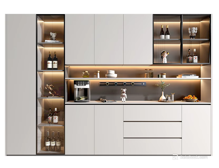 Modern Wine Cabinet Interior With Storage Compartments Built in Lighting Wine Bottles And Glassware 3d model 
