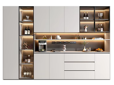 Modern Wine Cabinet Interior With Storage Compartments Built in Lighting Wine Bottles And Glassware 3d model