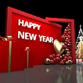 Happy New Year Decorations With Golden Christmas Tree And Gift Boxes