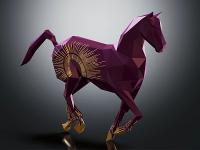 Purple Geometric Horse Sculpture With Golden Accents And Modern Artistic Design 3d model