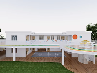 White School Building Featuring Colorful Circular Decor Balcony Rainbow Railings Outdoor Playground Green Lawn Trees 3d model
