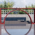 Red Arched Event Gateway With White Lattice Pattern Gray Wall And Tree Background 3d model