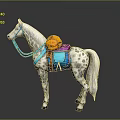 White Spotted Horse With Blue Reins And Colorful Saddle Equipment