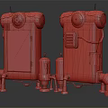 Futuristic Sci Fi Mechanical Devices With Orange Beige Exteriors Circular Lights Pipes And Tanks