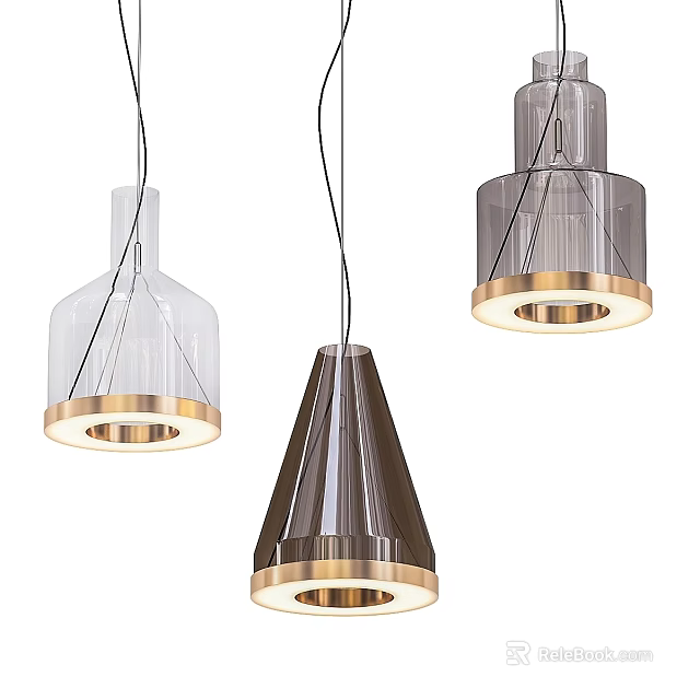 Modern Glass Pendant Lights With Various Shapes And Gold Base Rings 3d model 