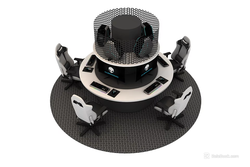 Circular Office Desk With Black Cylindrical Mesh Structure And Surrounding Chairs 3d model 