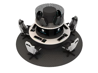 Circular Office Desk With Black Cylindrical Mesh Structure And Surrounding Chairs 3d model