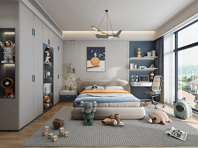 Modern Kids Bedroom With Toys Storage Study Desk And Large Windows 3d model