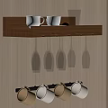 Functional Kitchen Storage Solution With Wooden Wall Rack Hanging Glasses And Coffee Mug Holders 3d model