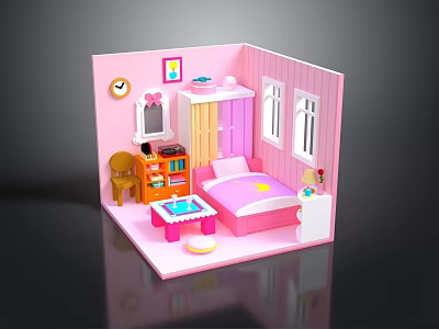 Pink Dollhouse Room Interior With Bed Wardrobe Desk Chair And Windows 3d model