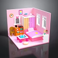 Pink Dollhouse Room Interior With Bed Wardrobe Desk Chair And Windows