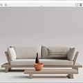 Light Colored Wooden Frame Sofa With Striped Cushions Coffee Table Orange Bowl And Brown Vase