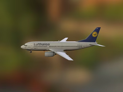 White Lufthansa Airplane With Blue Tail Flying In Sky 3d model