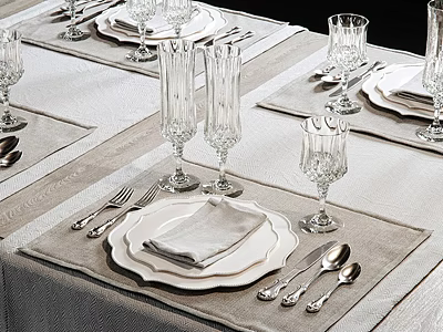 Elegant Dinnerware Set with White Plates Napkins Cutlery and Glass Goblets for Formal Table Setting 3d model