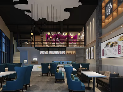 Modern Restaurant Interior Design With Two Floor Blue Chairs White Tables And Menu Boards 3d model