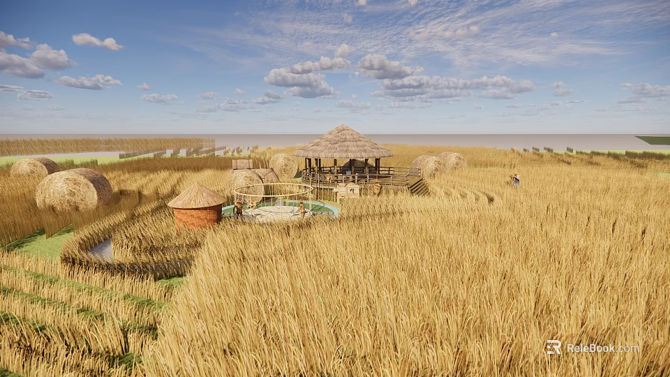 Rural Landscape With Golden Rice Fields Thatched Huts And Wooden Platform Under Cloudy Sky 3d model 