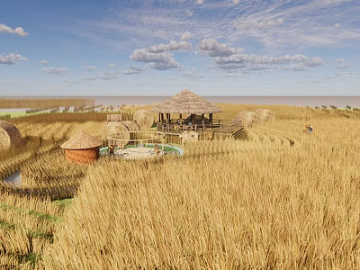 Rural Landscape With Golden Rice Fields Thatched Huts And Wooden Platform Under Cloudy Sky 3d model