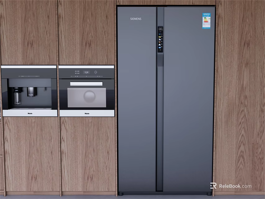 Black Double Door Refrigerator in Modern Kitchen with Wooden Cabinets and Built-in Appliances 3d model 