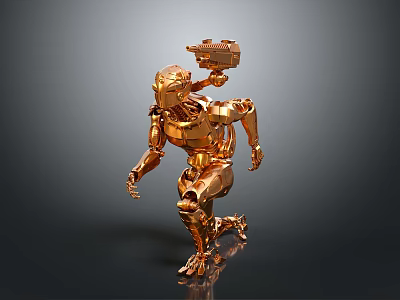 Golden Metallic Robot Running with Weapon Device on Back in Dynamic Pose 3d model